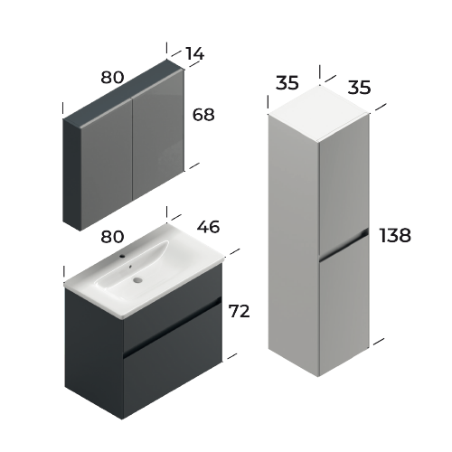 Malaga Matt Black 80 cm Bathroom Cabinet Set