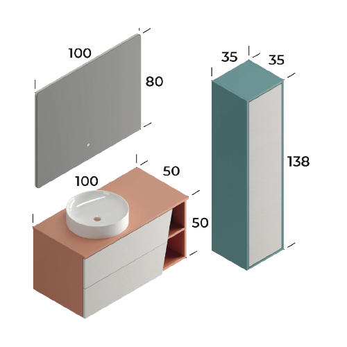 Riva Matt Brick Red / Slate Cream 100 cm Bathroom Cabinet Set