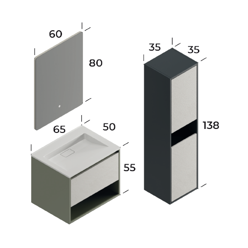 Duru Matt Cement Grey / Slate Cream 65 cm Bathroom Cabinet Set