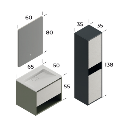 Duru Matt Cement Grey / Slate Cream 65 cm Bathroom Cabinet Set