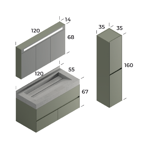 Lucca Matt Cement Grey 120 cm Bathroom Cabinet Set